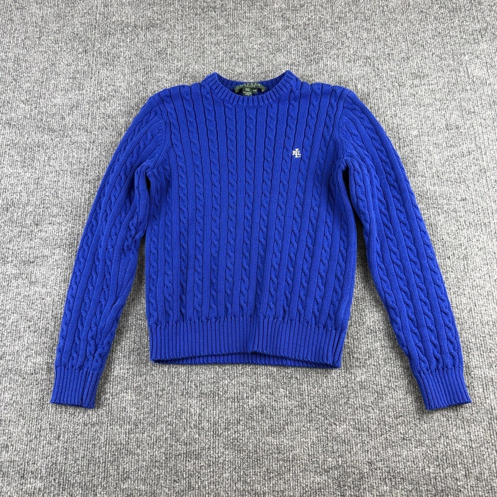 Lauren Ralph Lauren Sweater Womens Petite P/S Blue Cable Knit Cotton Crewneck